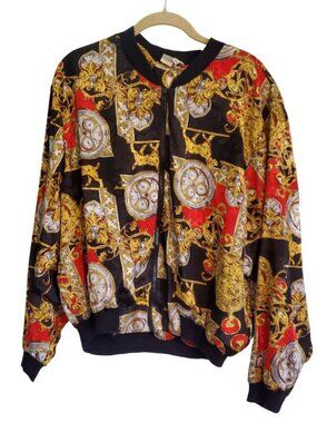 Vintage 90s Oversize Clock Jacket Retro Lined Sz 3X Puffy Medallion Print Zip Up